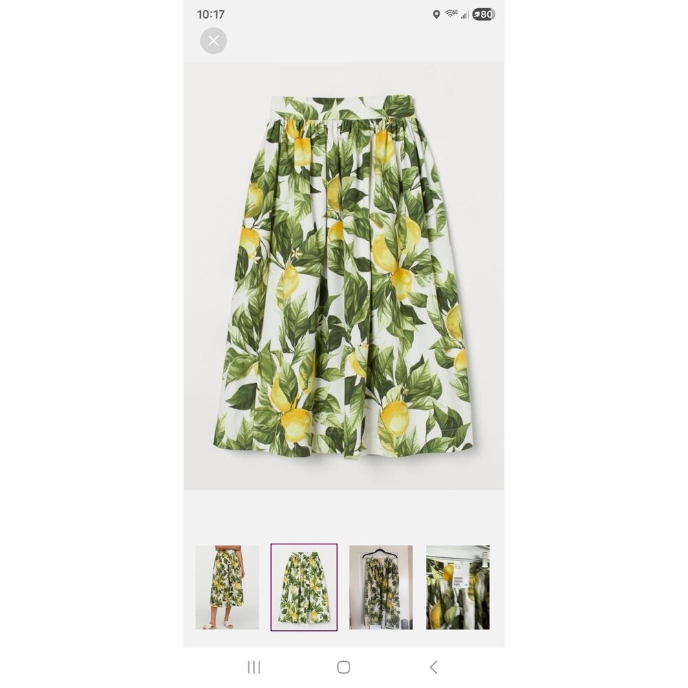 H&M green and yellow lemon-patterned cotton midi skirt size 4